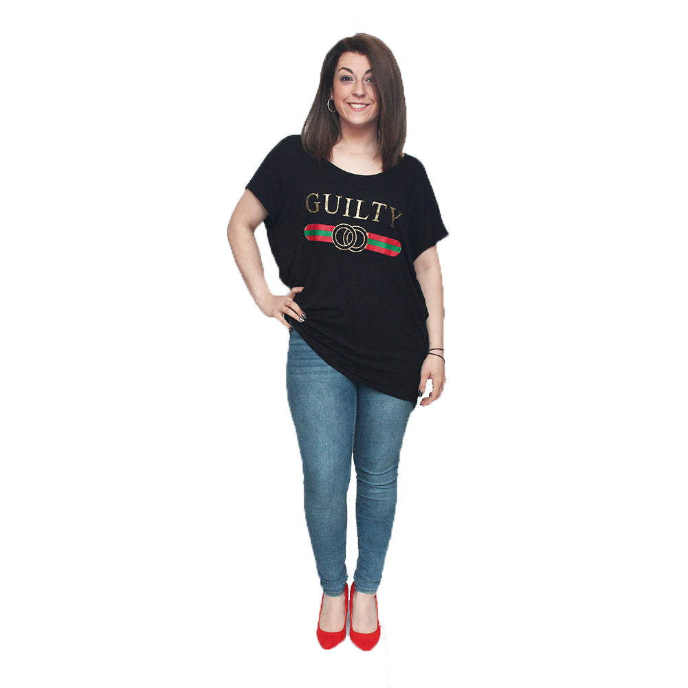 ROCKTHOSECURVES SHORT SLEEVE GUILTY T-SHIRT WITH GLITTER