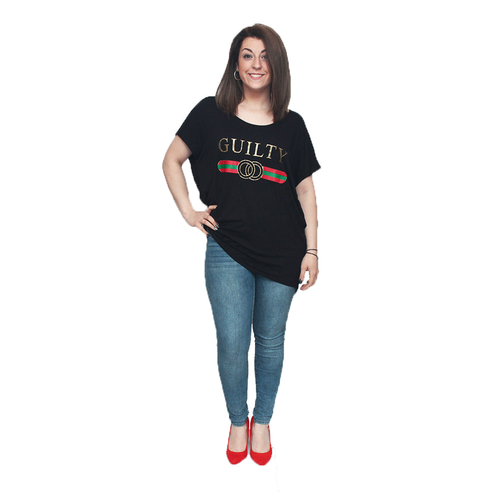 ROCKTHOSECURVES SHORT SLEEVE GUILTY T-SHIRT WITH GLITTERBlack / UK 8-10