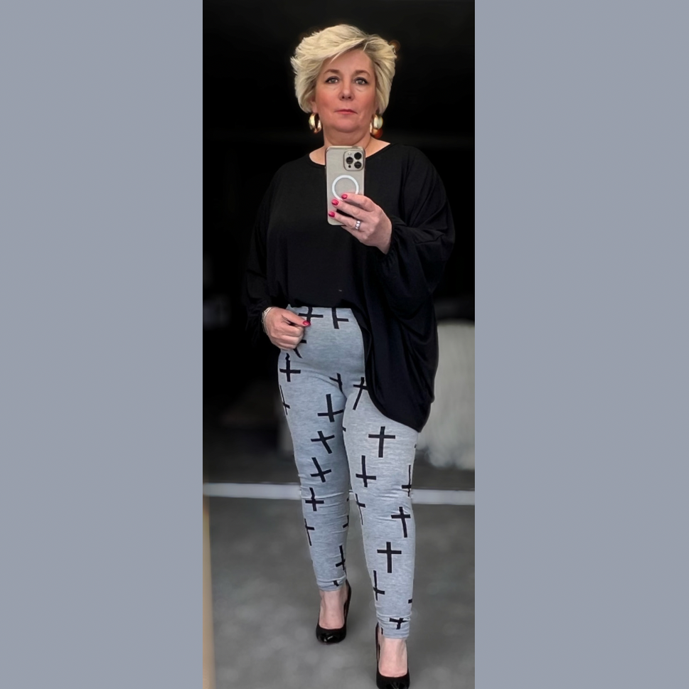 Grey Black Cross High Rise Plus Size Leggings