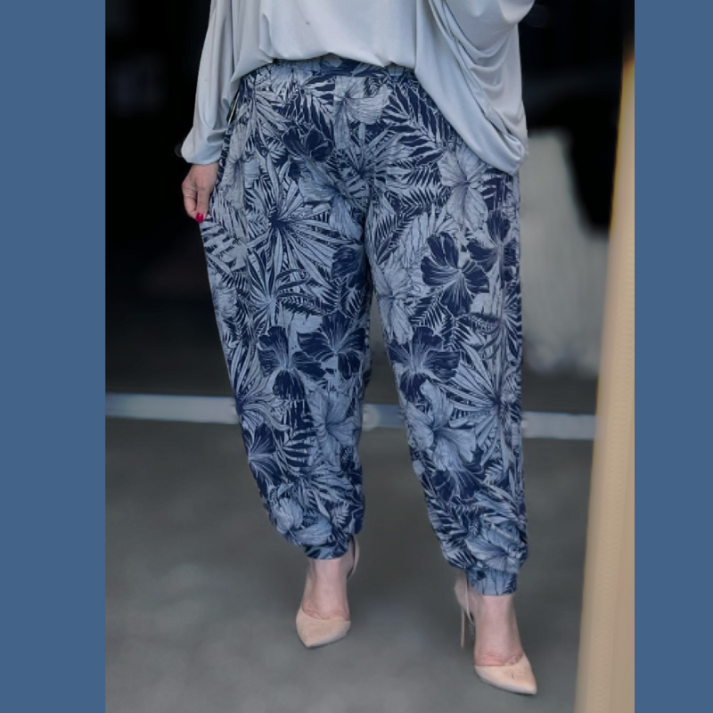 Blue Grey Floral loose fit wide leg harem pants Ali Baba Trousers
