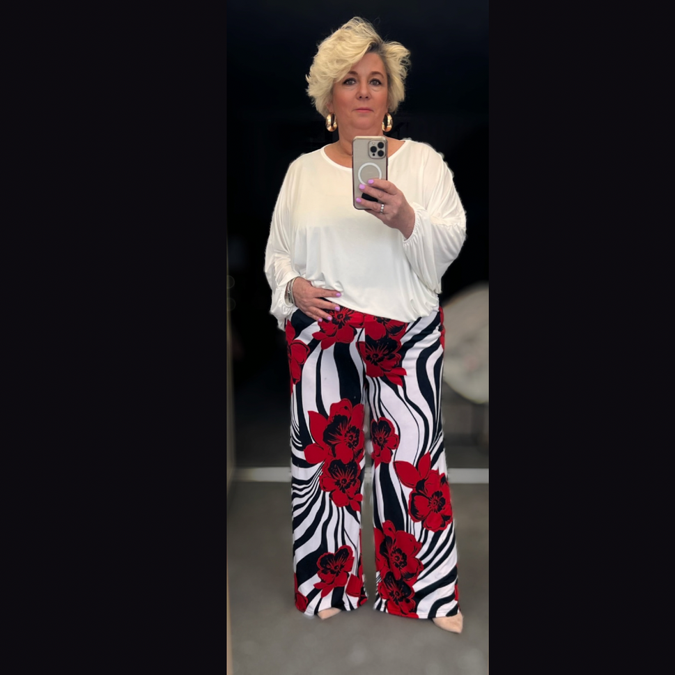 Red White Black Swirl wide leg elastic waist palazzo trousers