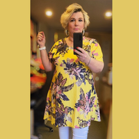 Short Sleeve Pretty Yellow Floral Swing Top -plus size