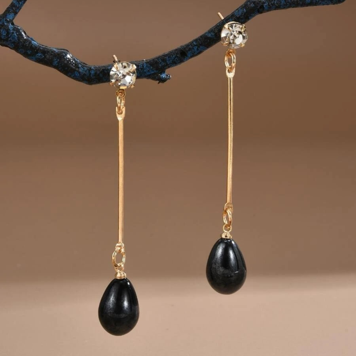 Long Faux Black Pearl drop earrings with rhinestone