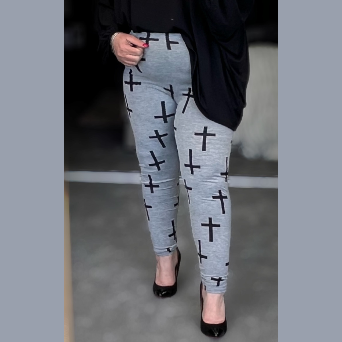 Grey Black Cross High Rise Plus Size Leggings