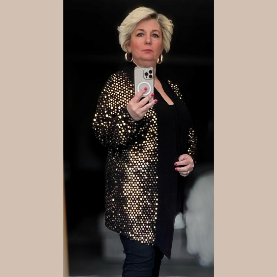 SEQUIN COVERED LONGER LENGTH WATERFALL JACKETBlack / Gold / UK 14