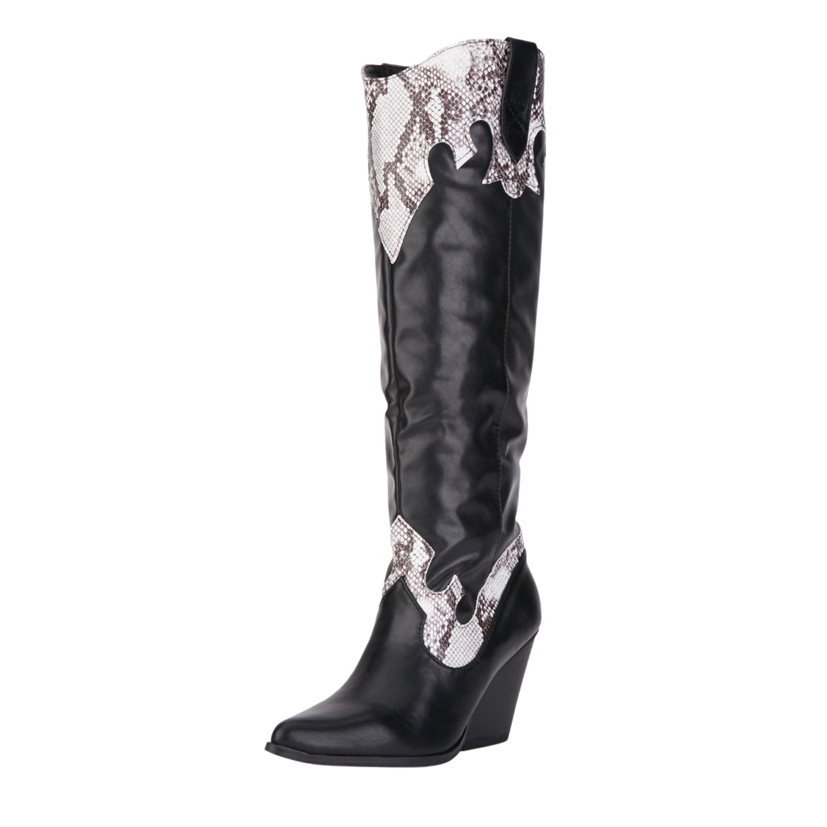 Knee Length Black Grey Snake Cowboy Boots Cuban Heel