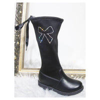 Kids Black knee length sock boots with diamante bow