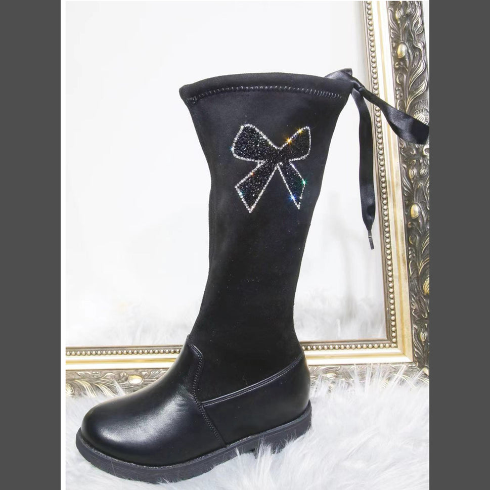 Kids Black knee length sock boots with diamante bow