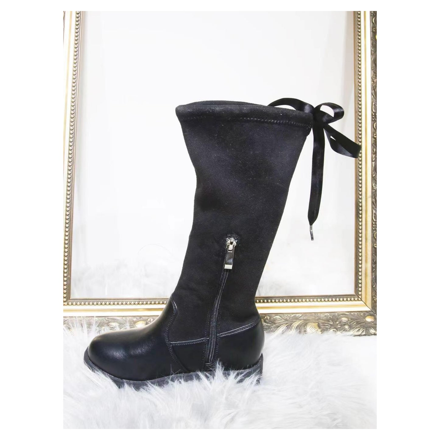 Kids Black knee length sock boots with diamante bow