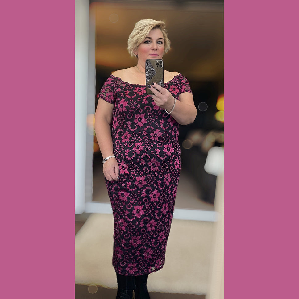 Lace bodycon fitted bardot style dress - plus sizesPink / UK 12-14