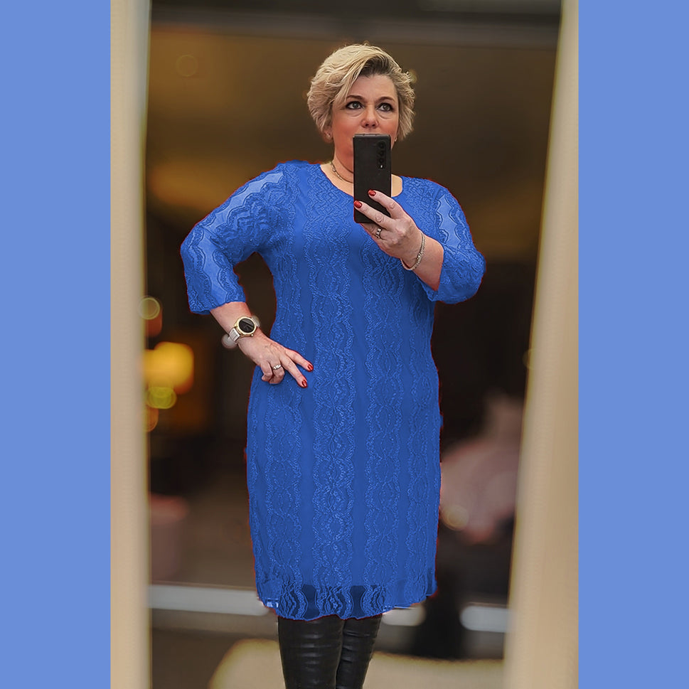 LACE STRIPE LINED 3/4 SLEEVE DRESSBLUE / UK 14