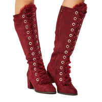 Low block heel knee length boots with furry tongue