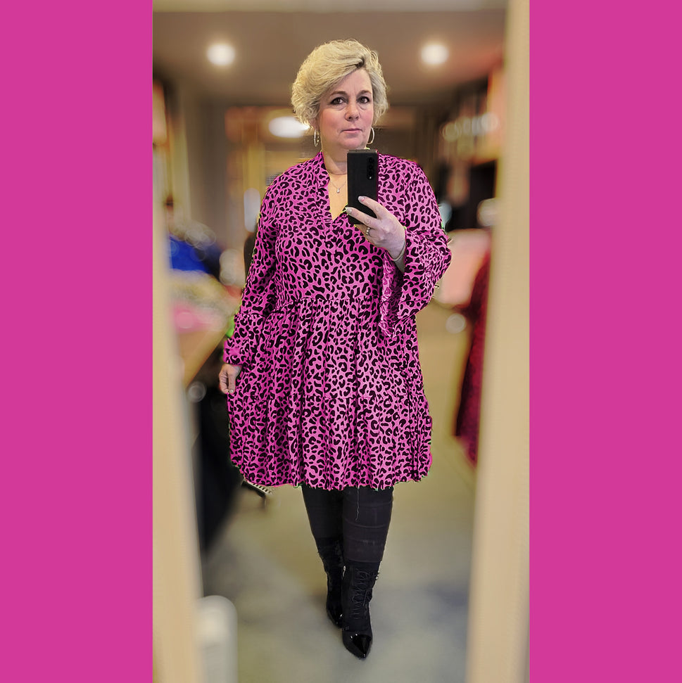 Long Length Loose fitting frilled hem print tunic topBright Pink Leopard / ONE SIZE