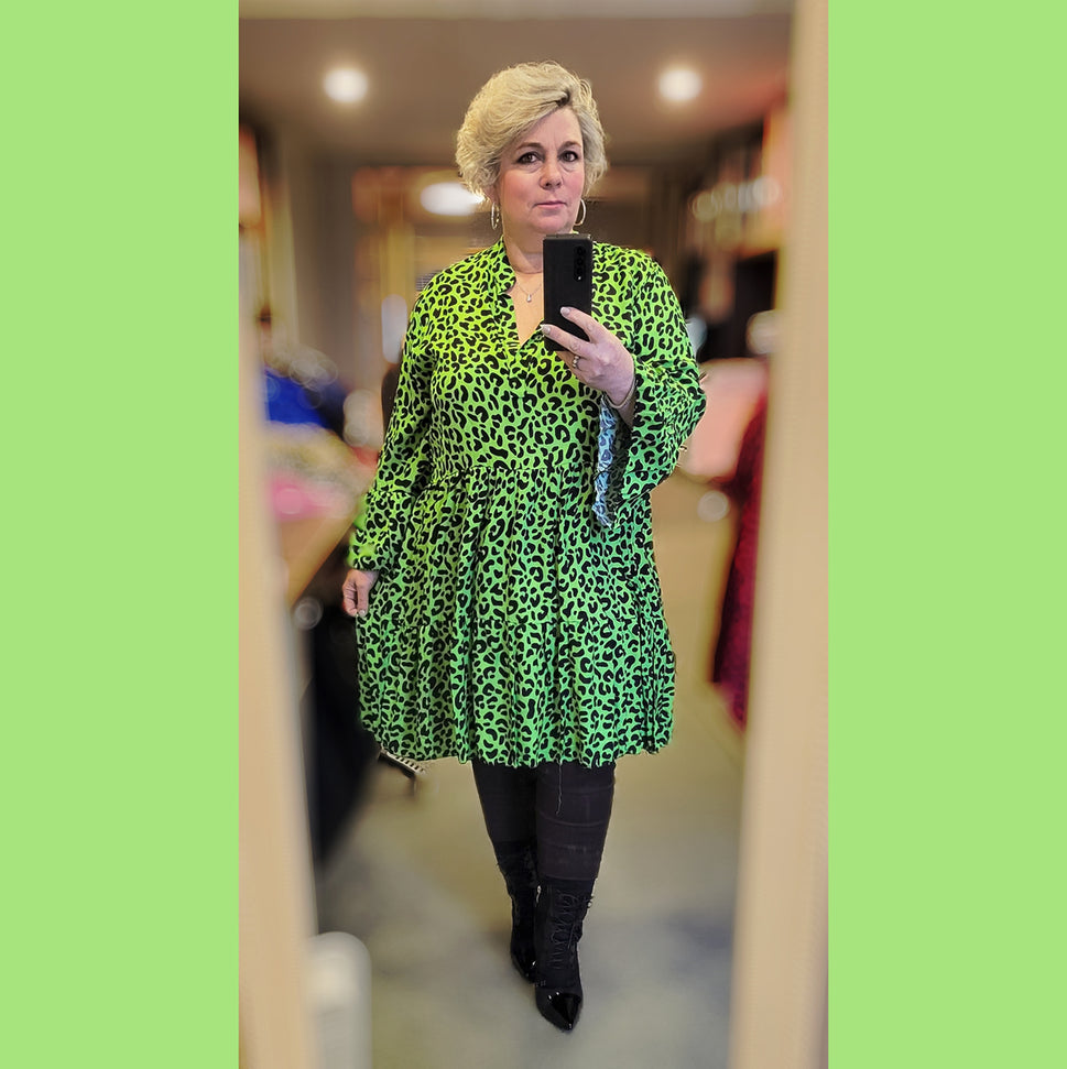 Long Length Loose fitting frilled hem print tunic topBright Green Leopard / ONE SIZE