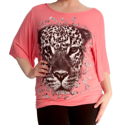Leopard Print Fine Knit Embellished Batwing Top