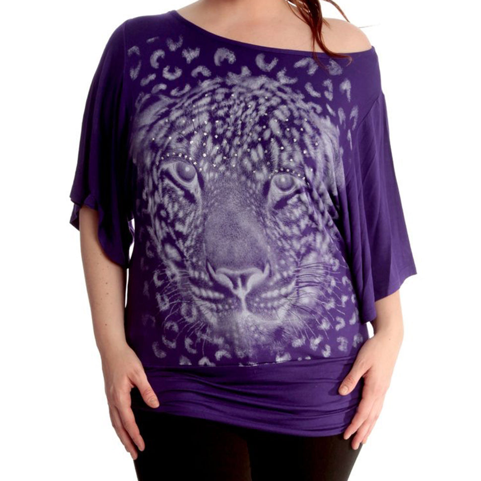 BATWING OVERSIZED TOP OFF SHOULDER SPARKLY LEOPARD PRINTPurple / UK 12-14