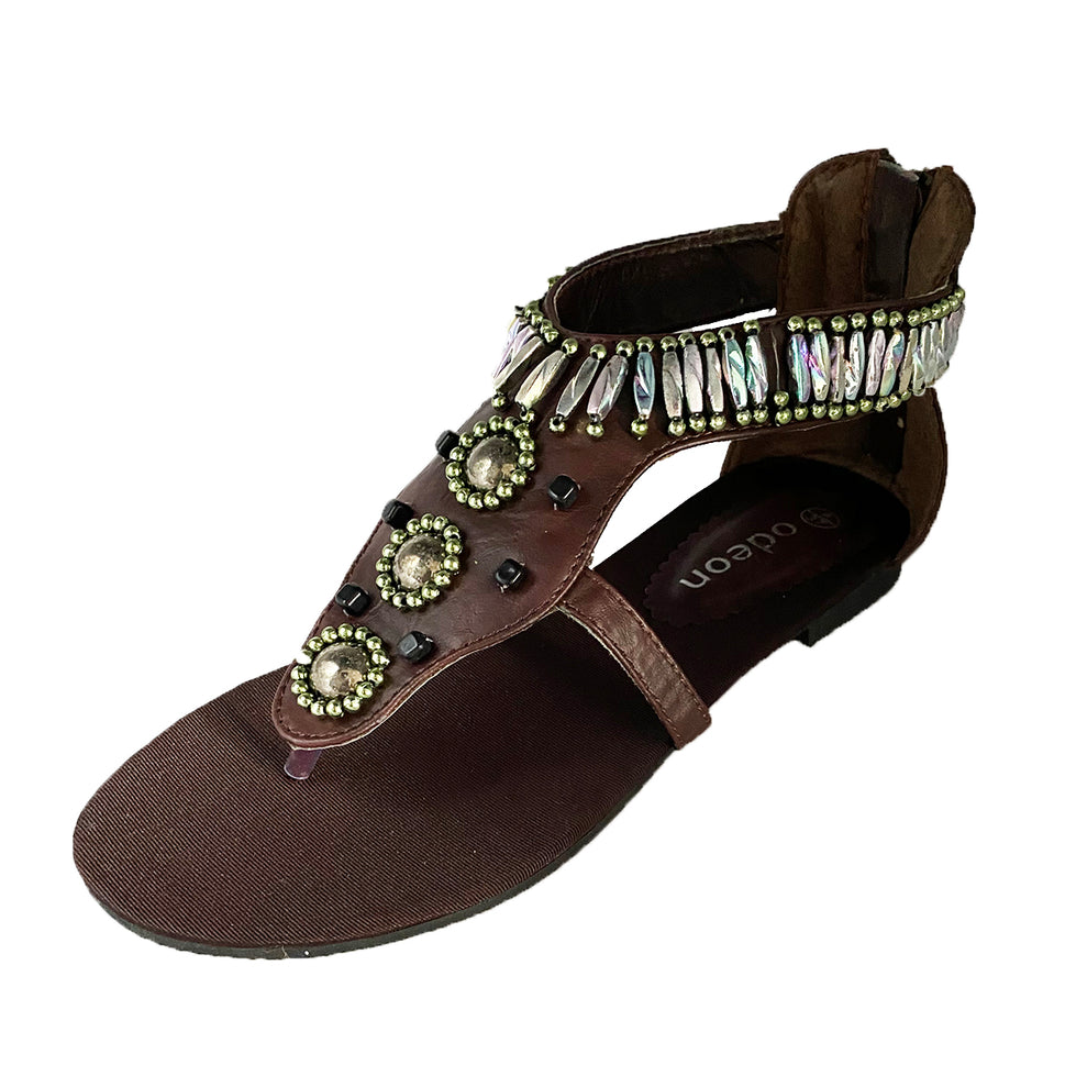 Heavy Beaded flat t bar sandals with toe postBrown / UK 3