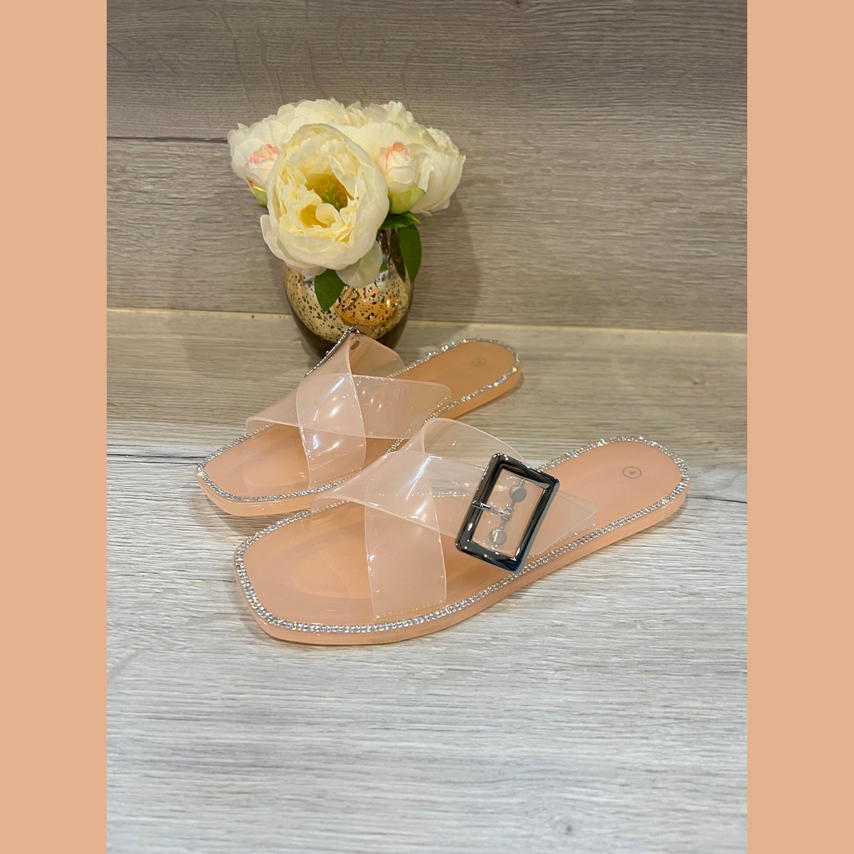 Flat Jelly Sandals Sliders with sparkly Edge and Buckle