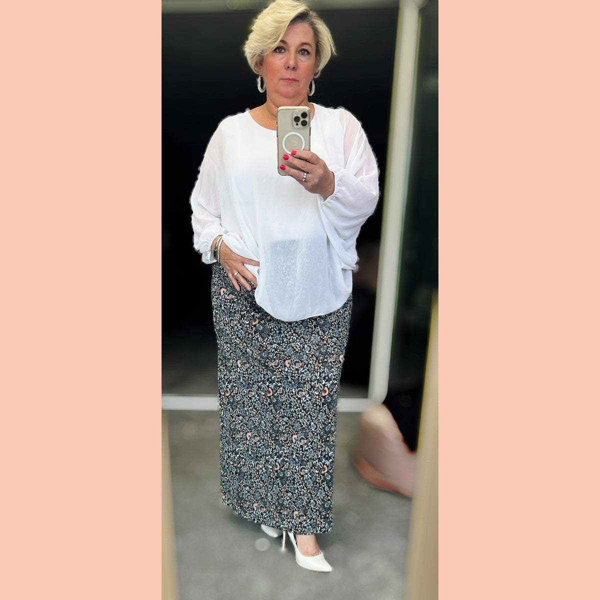 Long length high rise elastic waist maxi skirt