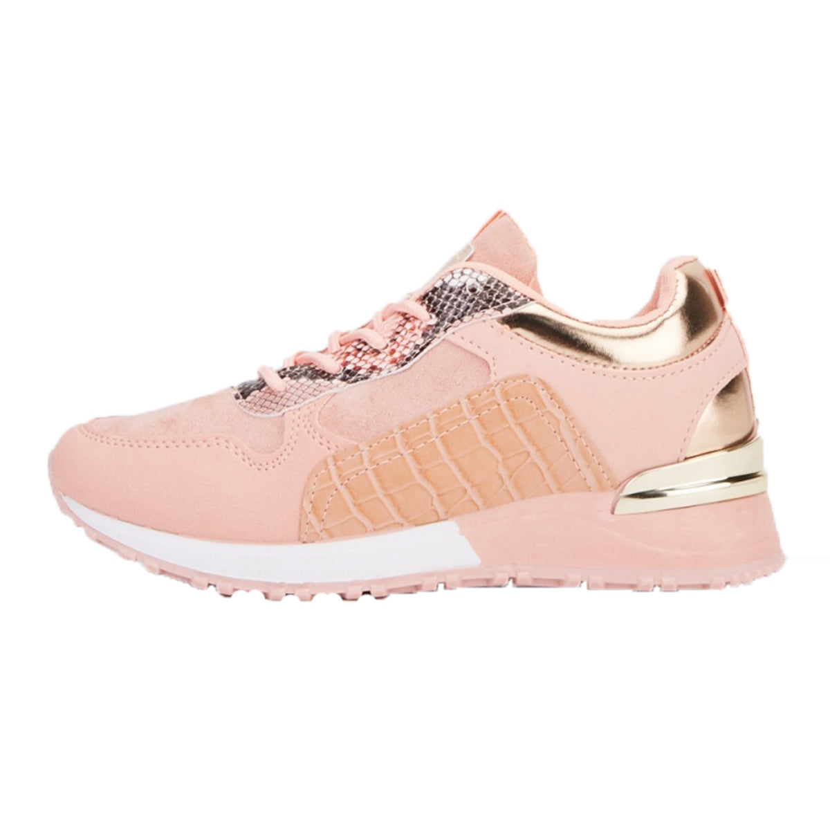 Pink / gold lace up trainers with croc effect