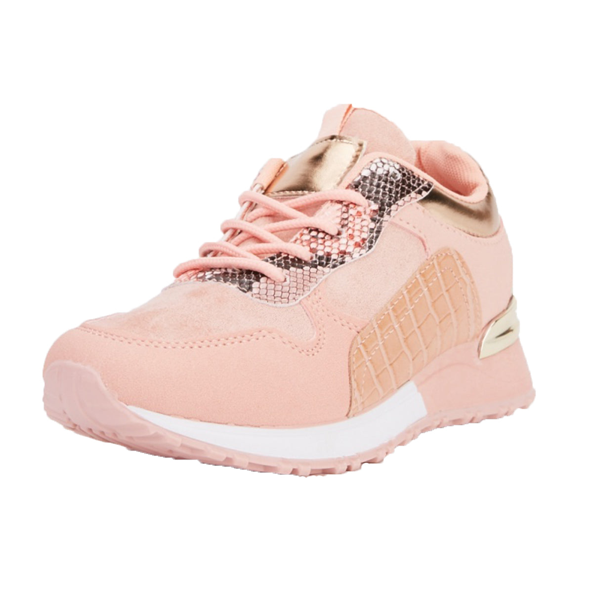 Pink / gold lace up trainers with croc effect