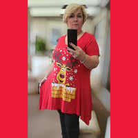 HANKY HEM SHORT SLEEVE LONG TOP WITH CHRISTMAS REINDEER