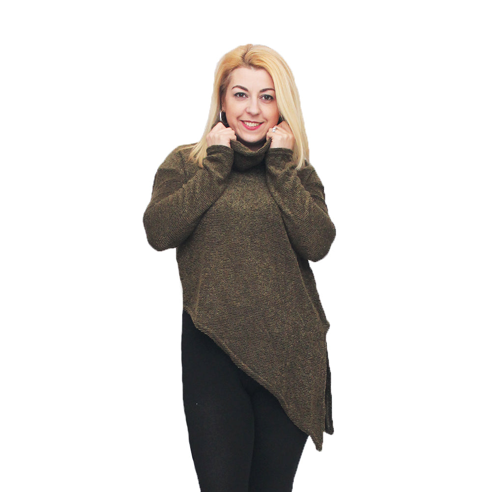 Knitted roll neck jumper with A-symmetrical hem