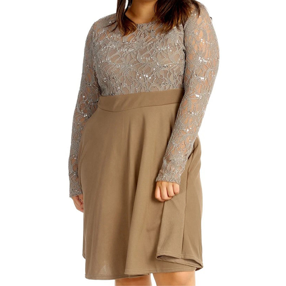 Long Sleeve Lace + Sequin skater dress - PLUS SIZETaupe / UK 14