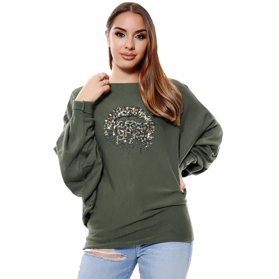 Super Soft Batwing Jumper with sequin lips