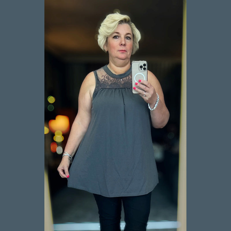 Sleeveless loose fit tunic top with stunning lace neck