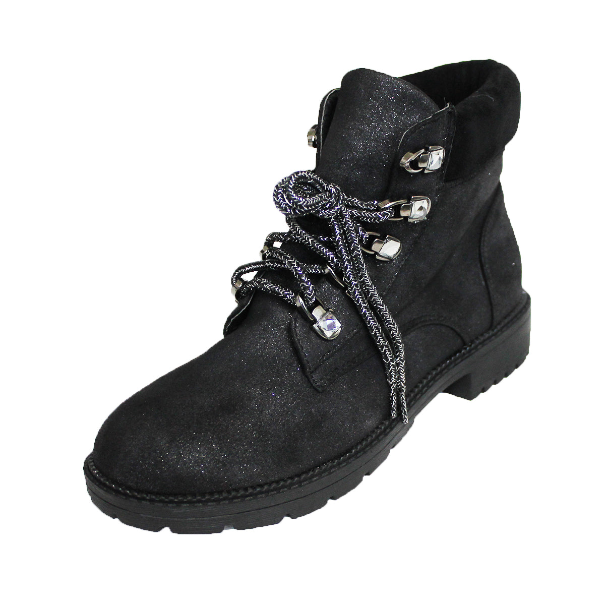 Black glitter effect chunky sole flat ankle boots
