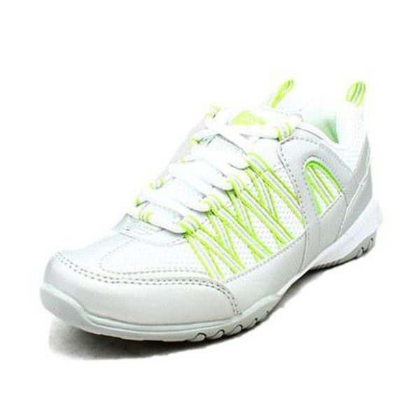 White lace up trainers with lime green stripes