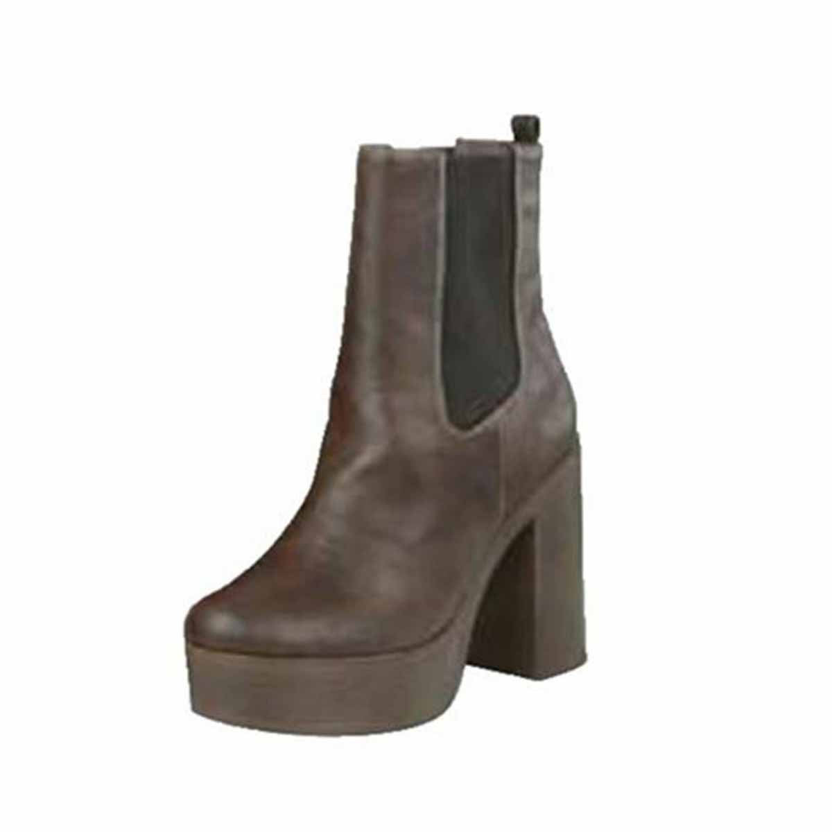 Dark brown Faux leather cleated sole block heel ankle boots