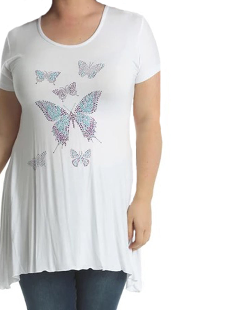 Flared hem short sleeve long length top with studded butterflies