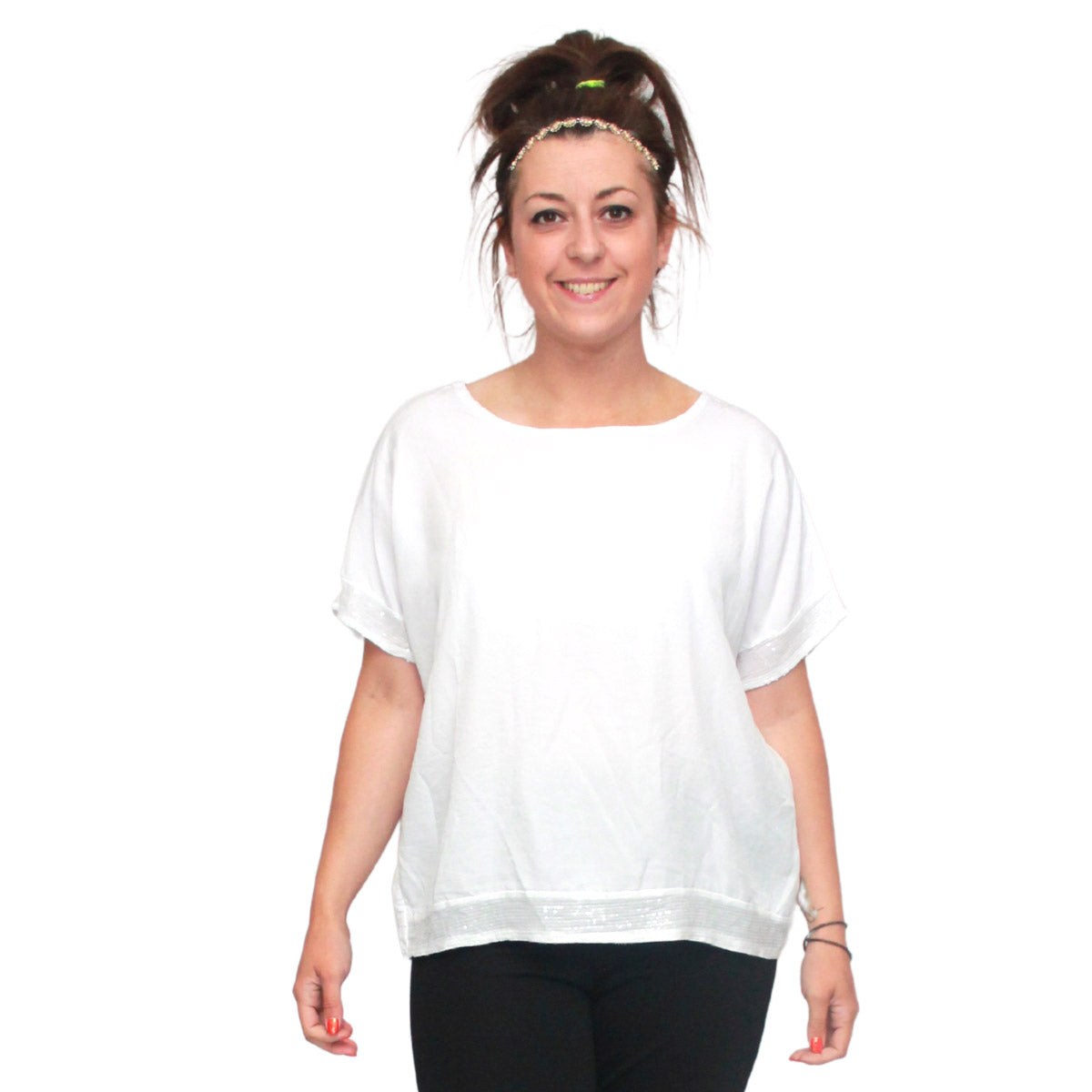 Cotton loose fitting top with sequin hem