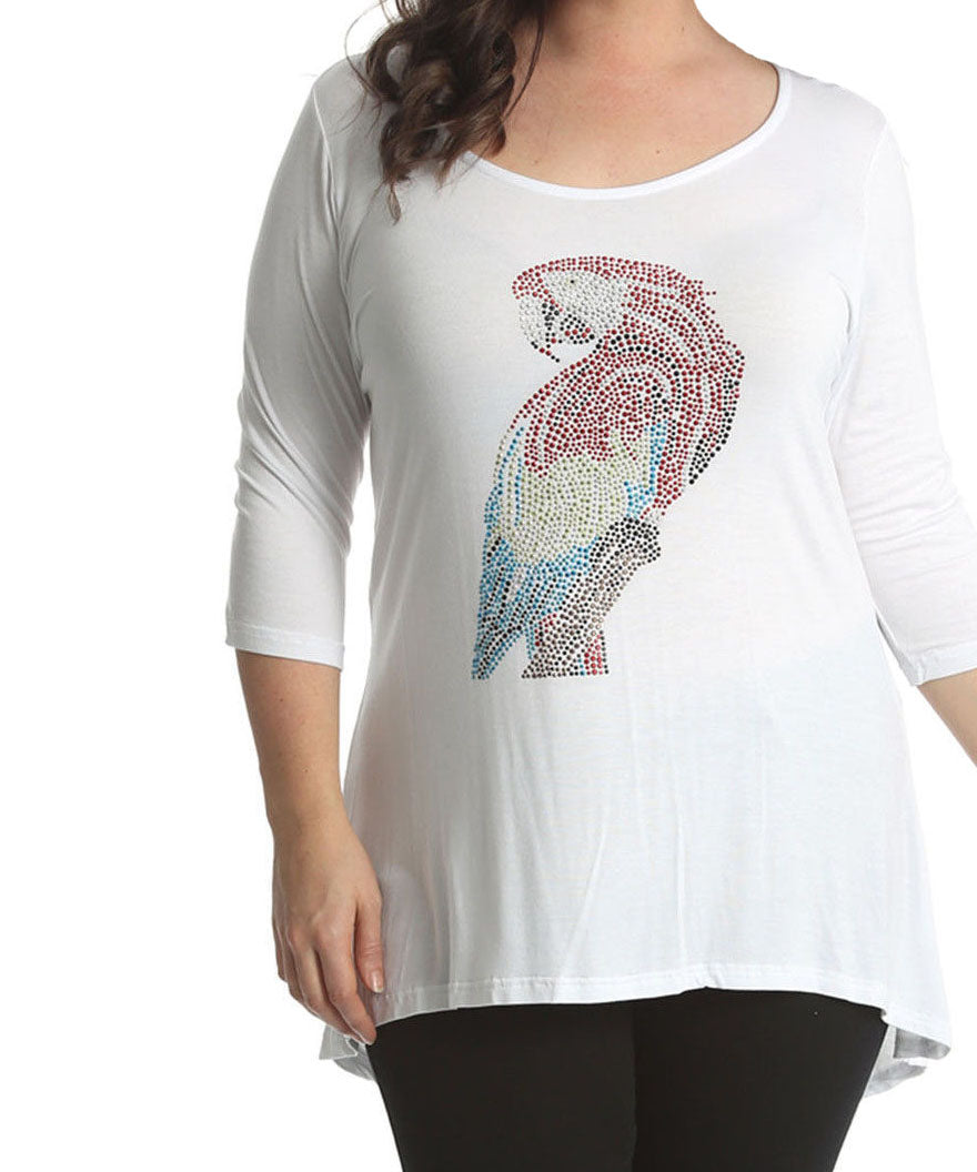 ROCKTHOSECURVES STUDDED PARROT 3/4 SLEEVE DIPPED HEM TOPWHITE / UK 14