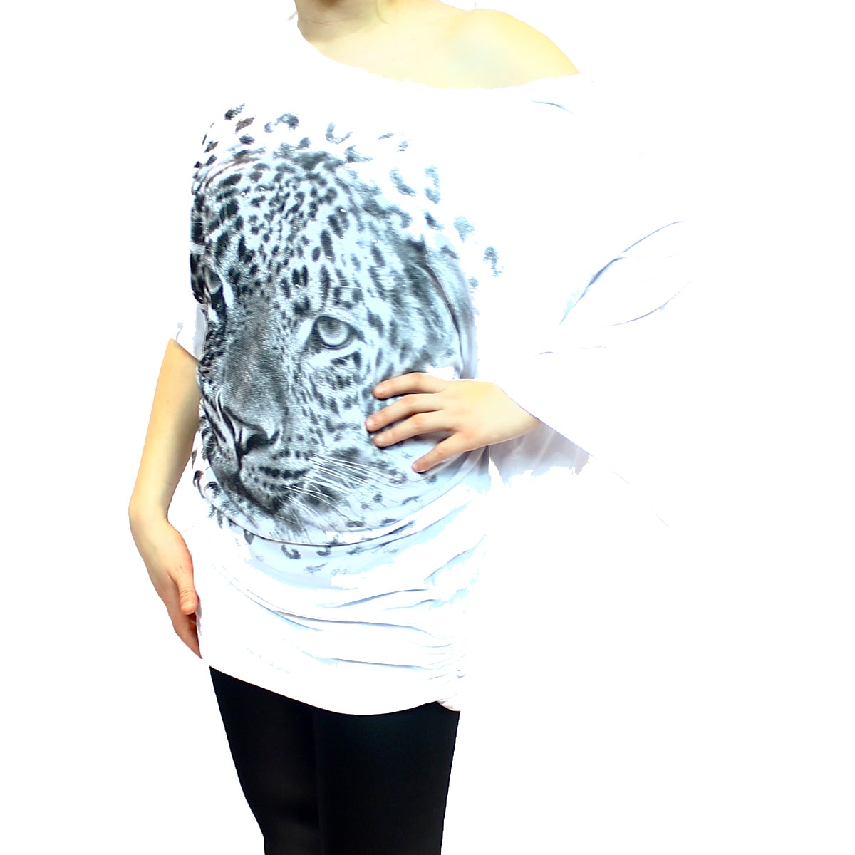 BATWING OVERSIZED TOP OFF SHOULDER SPARKLY LEOPARD PRINT