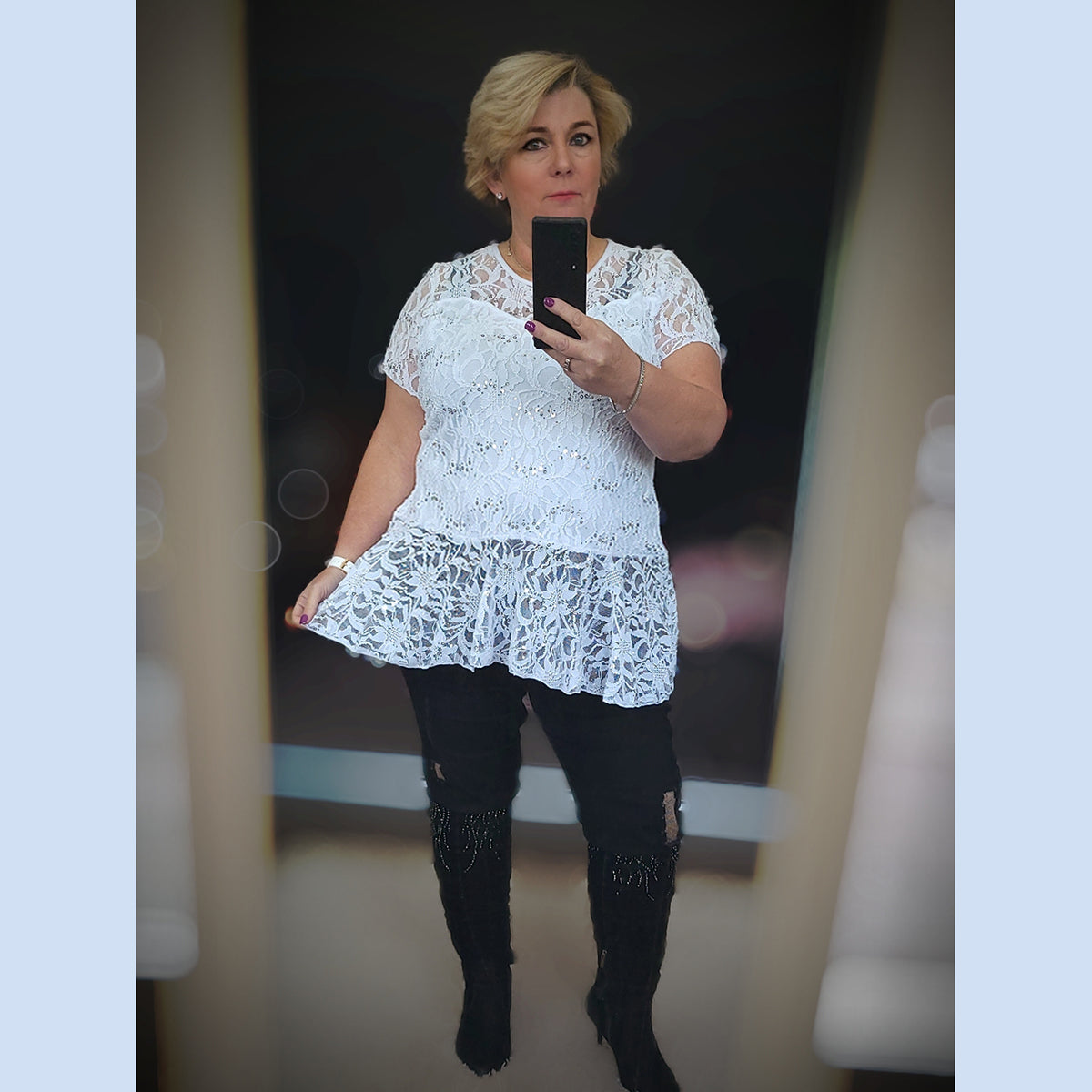 ROCKTHOSECURVES SEQUIN AND LACE SHORT SLEEVE PEPLUM BLOUSE