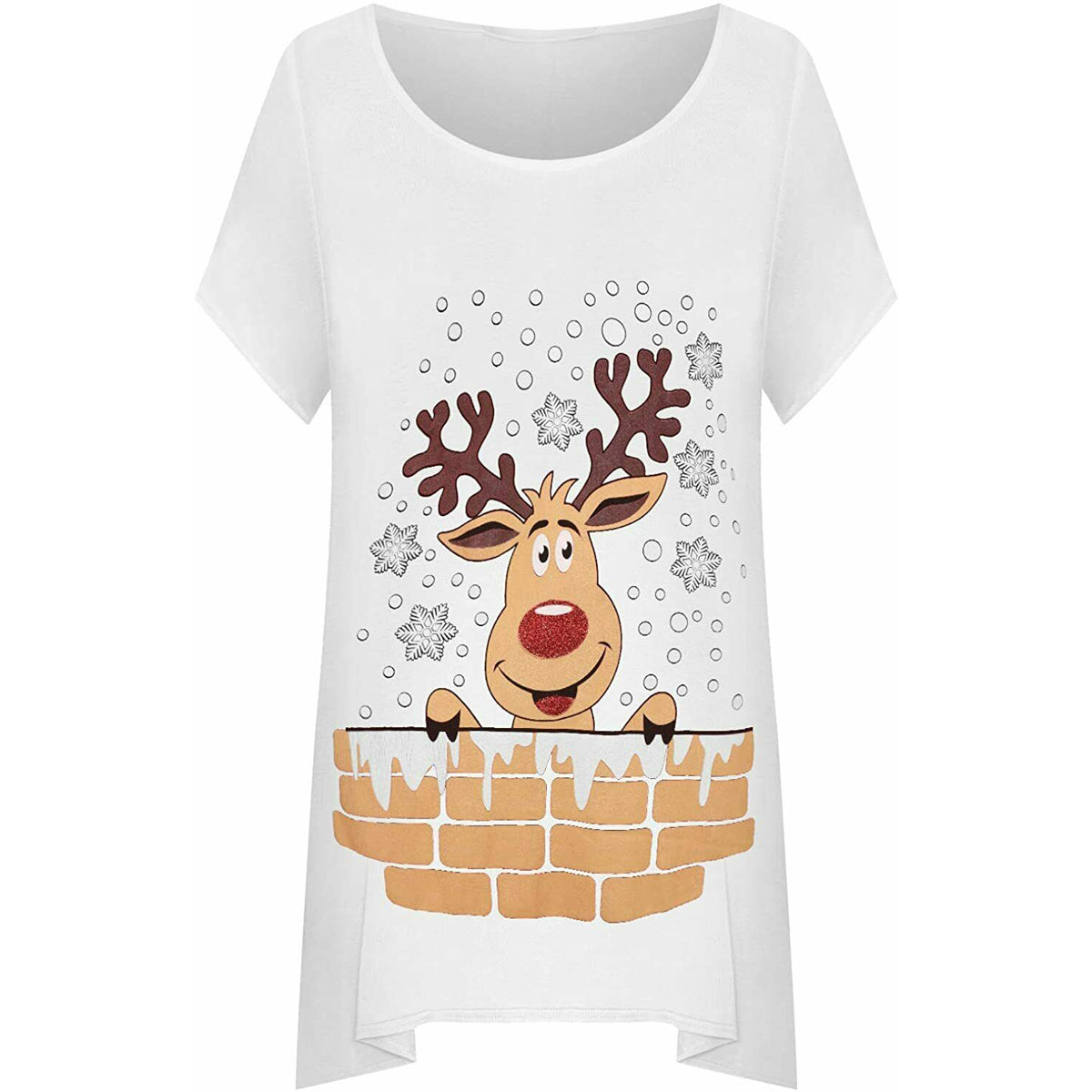 HANKY HEM SHORT SLEEVE LONG TOP WITH CHRISTMAS REINDEER